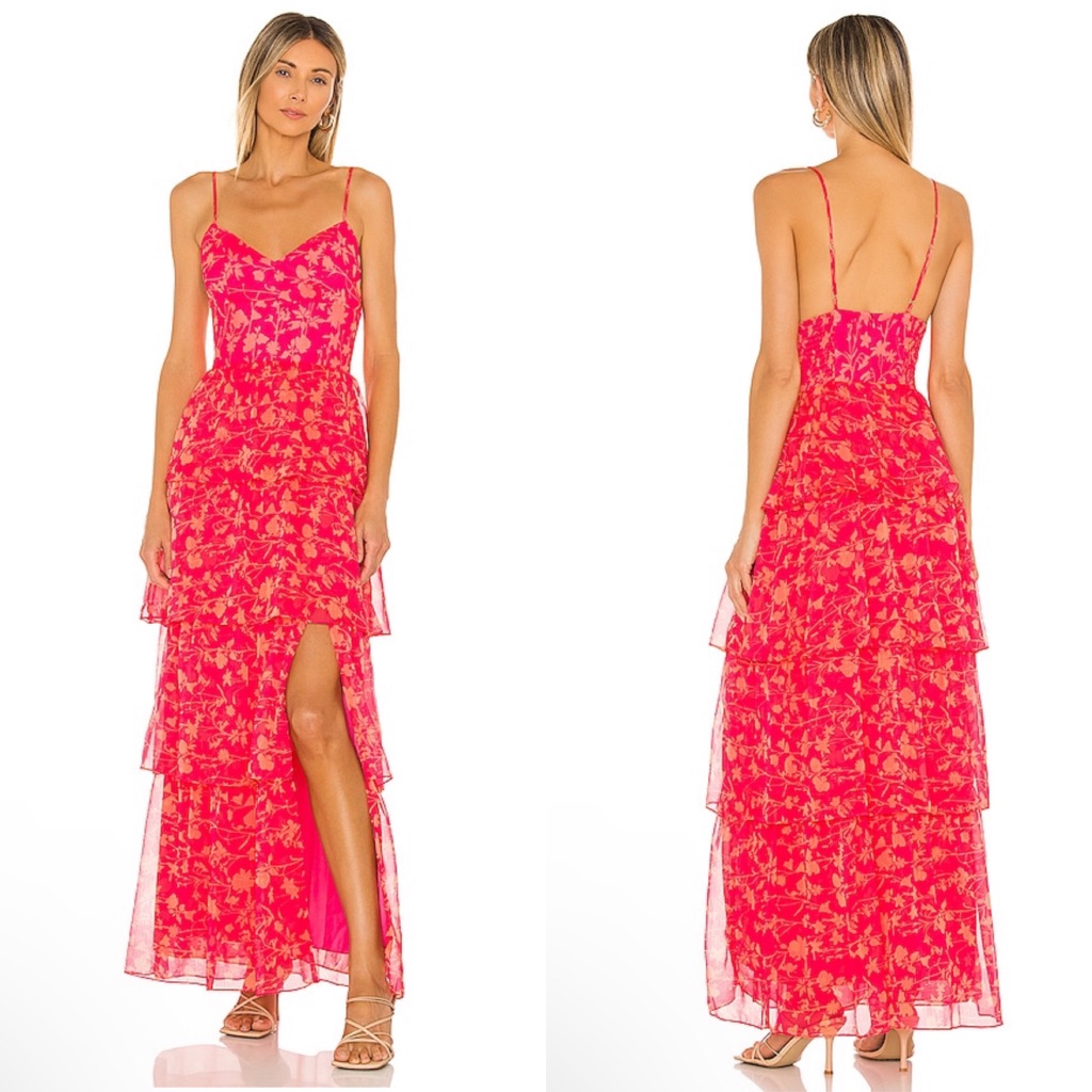 Amanda Uprichard Thaddea Maxi Dress In Brookside Pink & Orange Floral Print